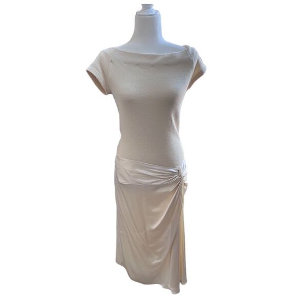 Vintage Kevan Hall Designer Dress Cashmere and Satin Short Sleeve Ivory Cream - Picture 1 of 13